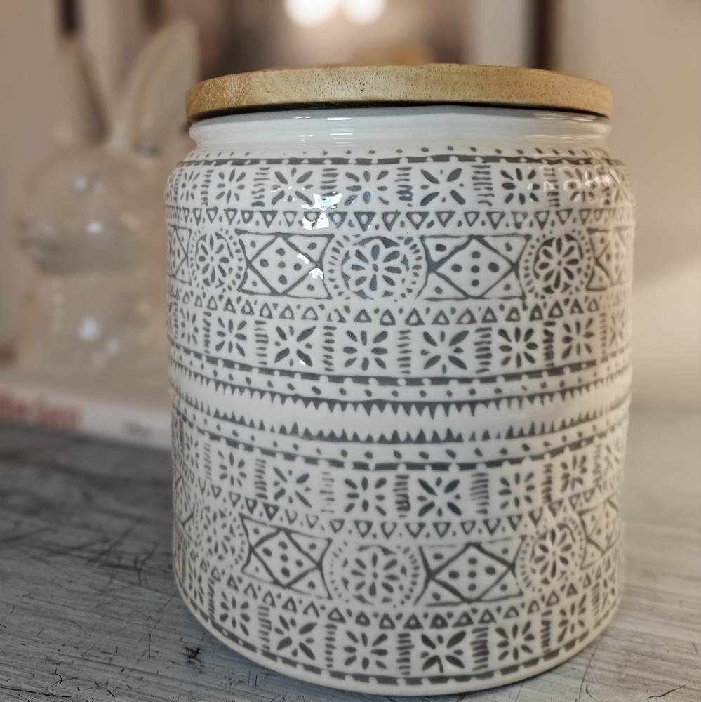 Grey and White Patterned Ceramic Jar with Wooden Lid By Threshold Target
